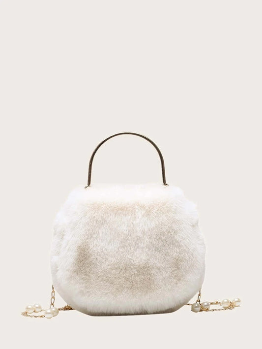 CM-BGS915725 Women Trendy Seoul Style Faux Pearl Decor Fluffy Satchel Bag - White