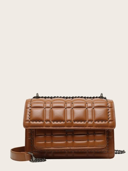 CM-BGS915167 Women Trendy Seoul Style Studded Decor Chain Crossbody Bag - Brown