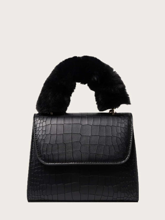 CM-BGS915866 Women Trendy Seoul Style Faux Fur Handle Croc Embossed Satchel Bag - Black