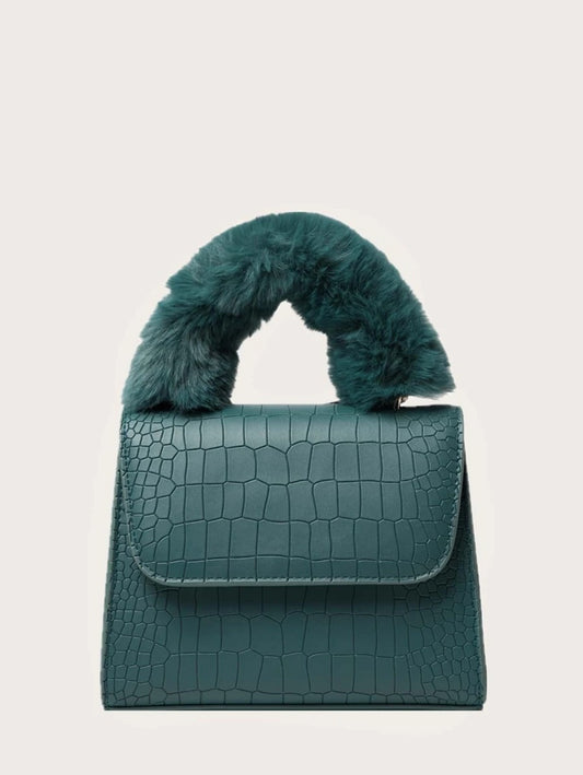 CM-BGS915882 Women Trendy Seoul Style Faux Fur Handle Croc Embossed Satchel Bag - Blue
