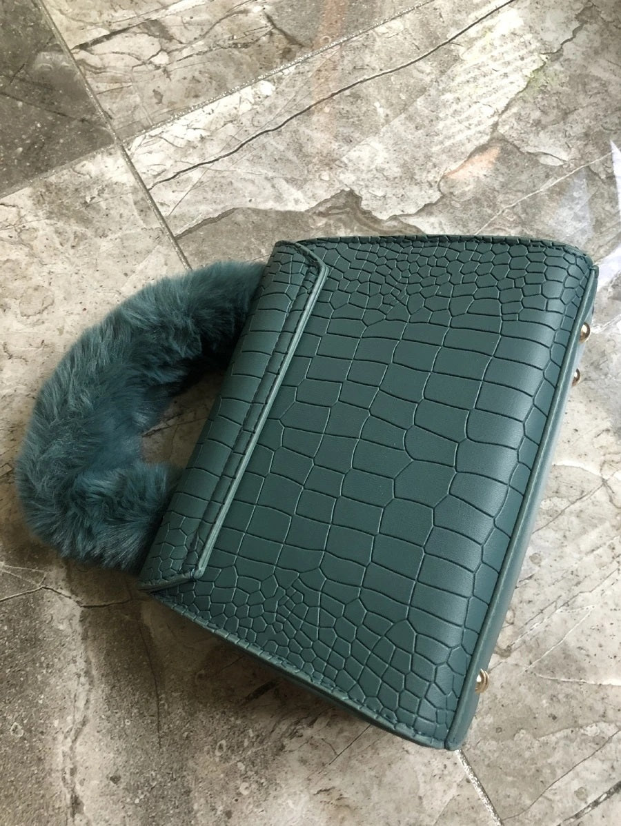 CM-BGS915882 Women Trendy Seoul Style Faux Fur Handle Croc Embossed Satchel Bag - Blue