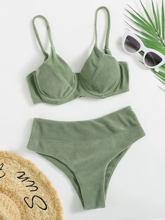 CM-SWS916491 Women Trendy Seoul Style Fuzzy Underwire High Waist Bikini Swimsuit - Army Green