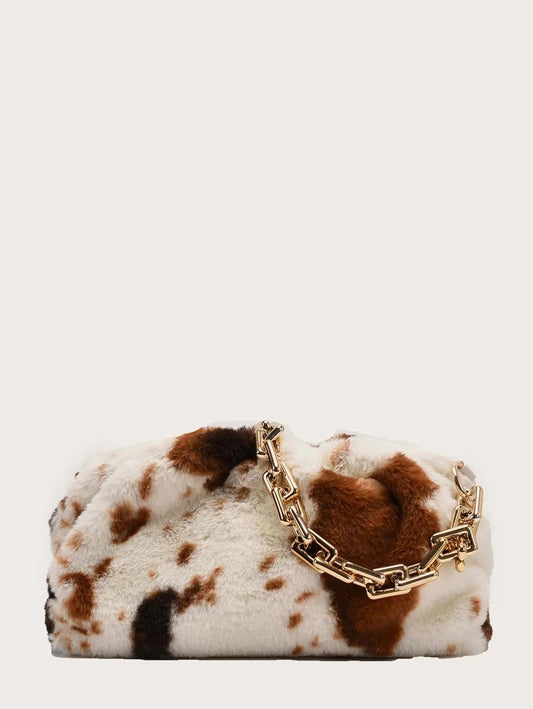 CM-BGS921742 Women Trendy Seoul Style Ruched Fluffy Chain Bag - Brown