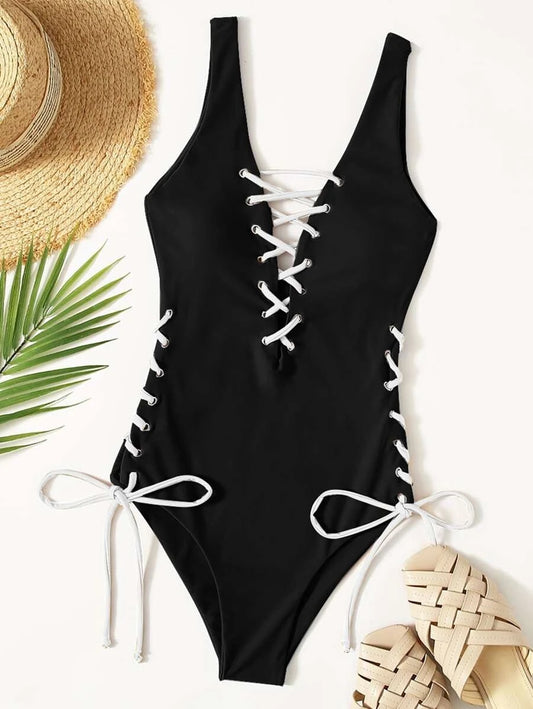 CM-SWS918258 Women Trendy Seoul Style Lace-Up One Piece Swimsuit - Black