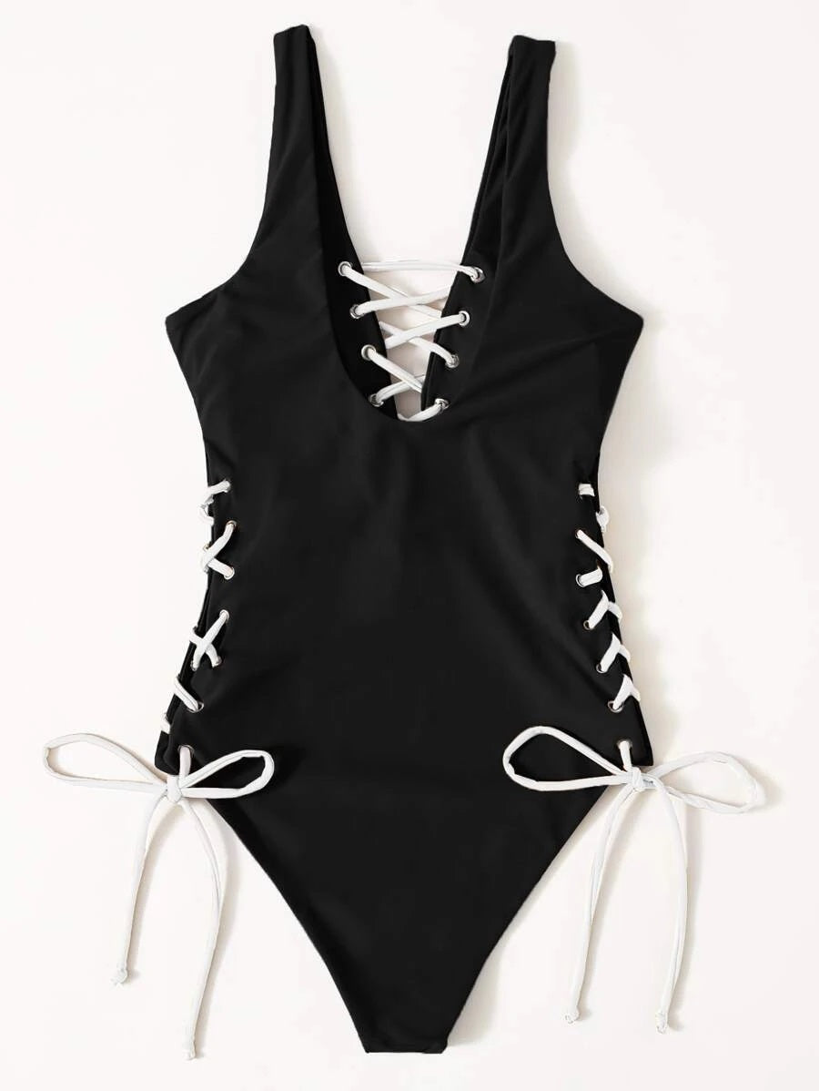 CM-SWS918258 Women Trendy Seoul Style Lace-Up One Piece Swimsuit - Black