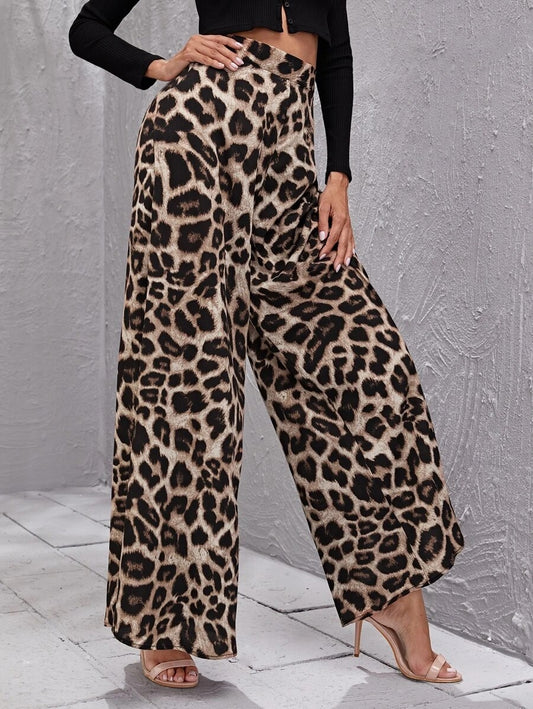 CM-BS907087 Women Casual Seoul Style High Waist Leopard Wide Leg Loose Pants - Brown