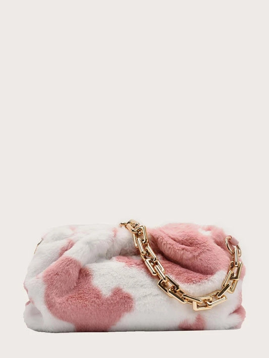 CM-BGS926527 Women Trendy Seoul Style Ruched Fluffy Chain Bag - Pink