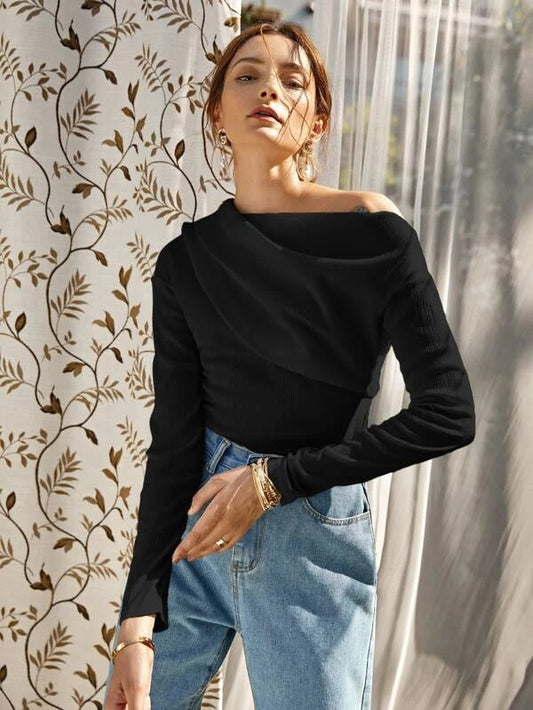 CM-TS914841 Women Casual Seoul Style Long Sleeve Solid Asymmetrical Neck Tee - Black