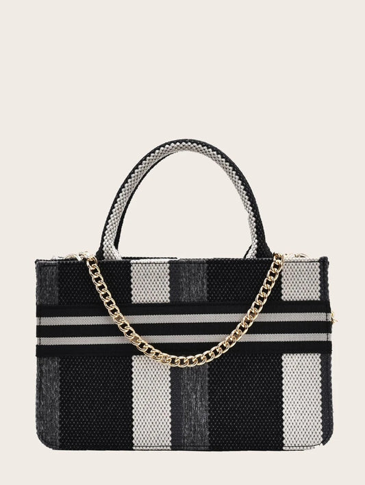 CM-BGS929022 Women Trendy Seoul Style Chain Decor Canvas Satchel Bag - Black