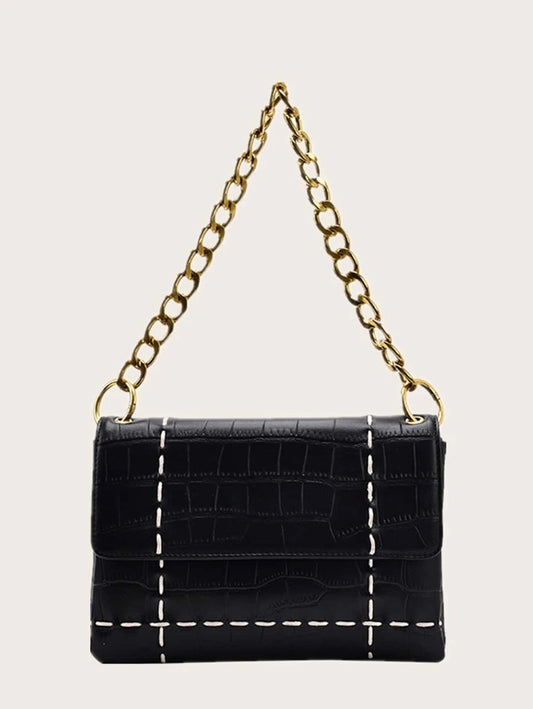 CM-BGS929283 Women Trendy Seoul Style Croc Embossed Chain Shoulder Bag - Black