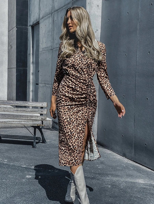 CM-DS914495 Women Casual Seoul Style Print Surplice Front Drawstring Split Thigh Dress