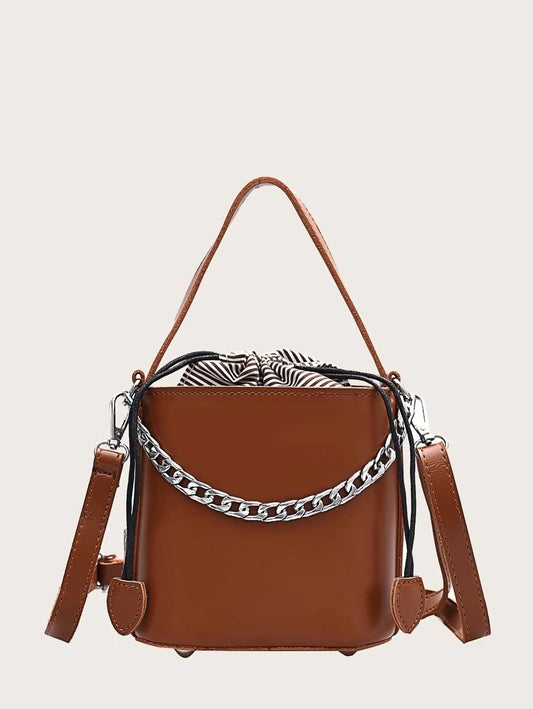 CM-BGS930814 Women Trendy Seoul Style Drawstring Decor Chain Bucket Bag - Brown