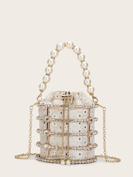 CM-BGS629508 Women Trendy Seoul Style Faux Pearl Rhinestone Decor Clutch Bag