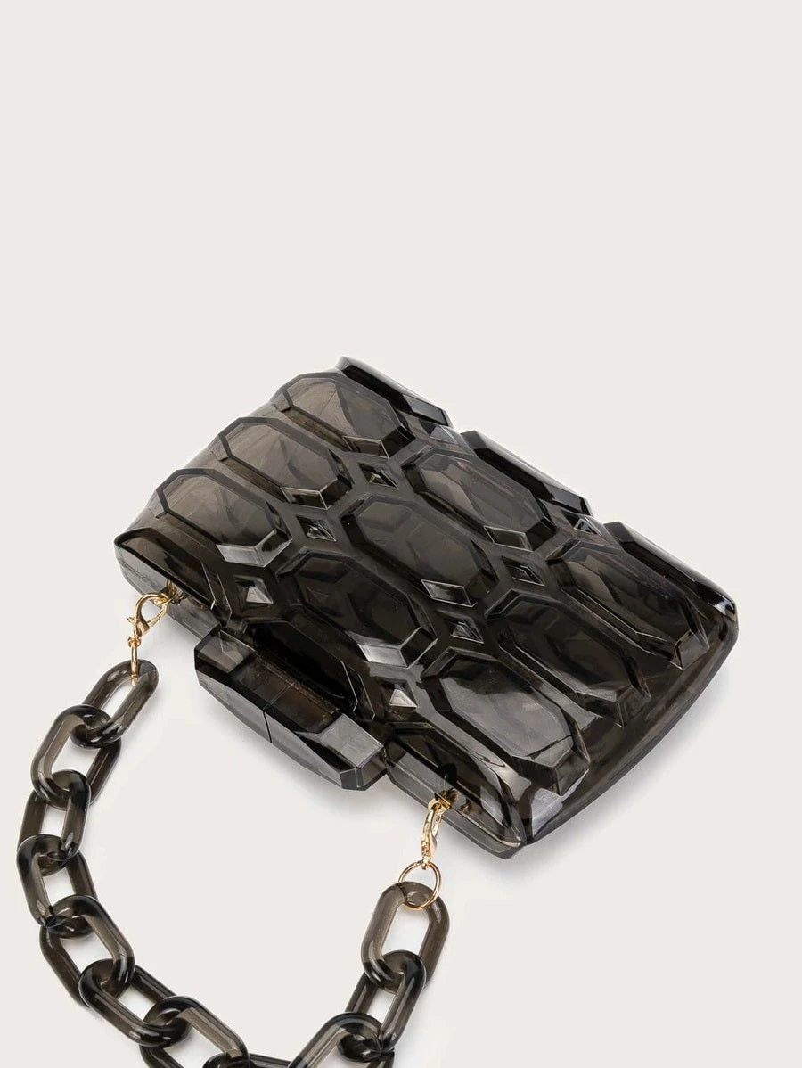 CM-BGS007266 Women Trendy Seoul Style Textured Chain Box Bag - Black