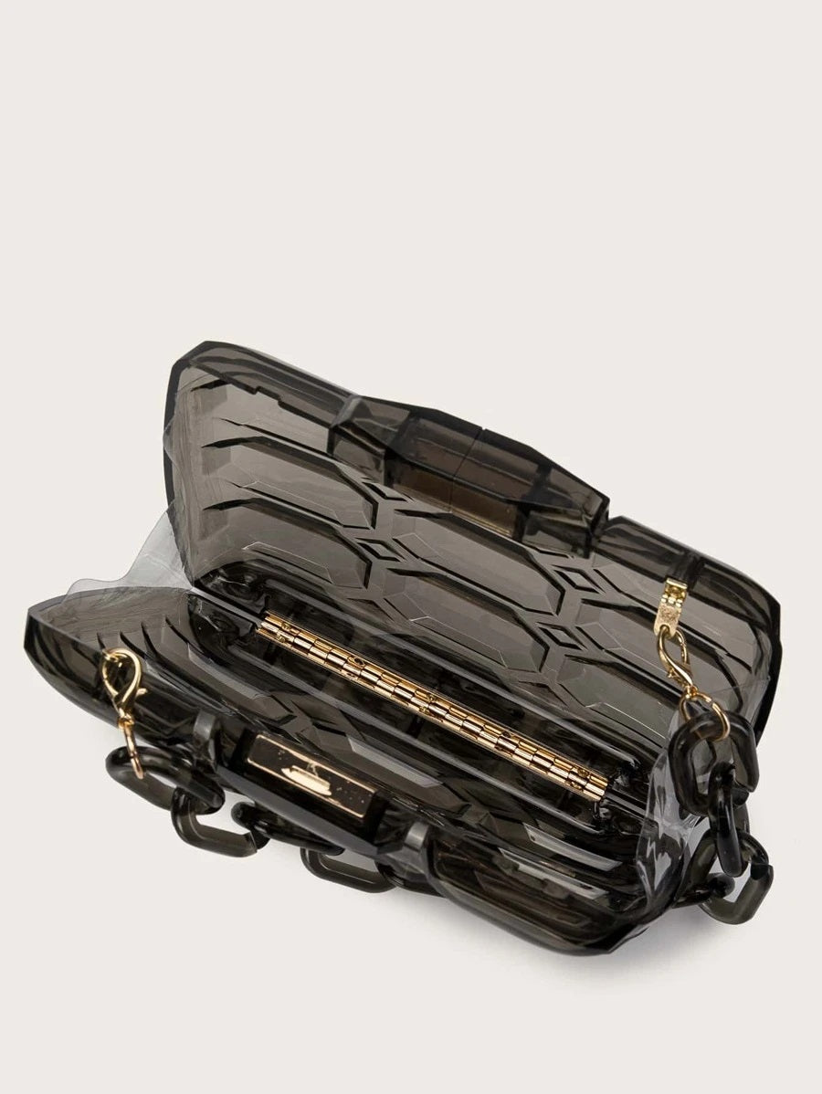 CM-BGS007266 Women Trendy Seoul Style Textured Chain Box Bag - Black