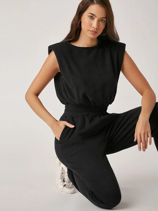 CM-JS914995 Women Casual Seoul Style Padded Shoulder Slant Pocket Jumpsuit - Black