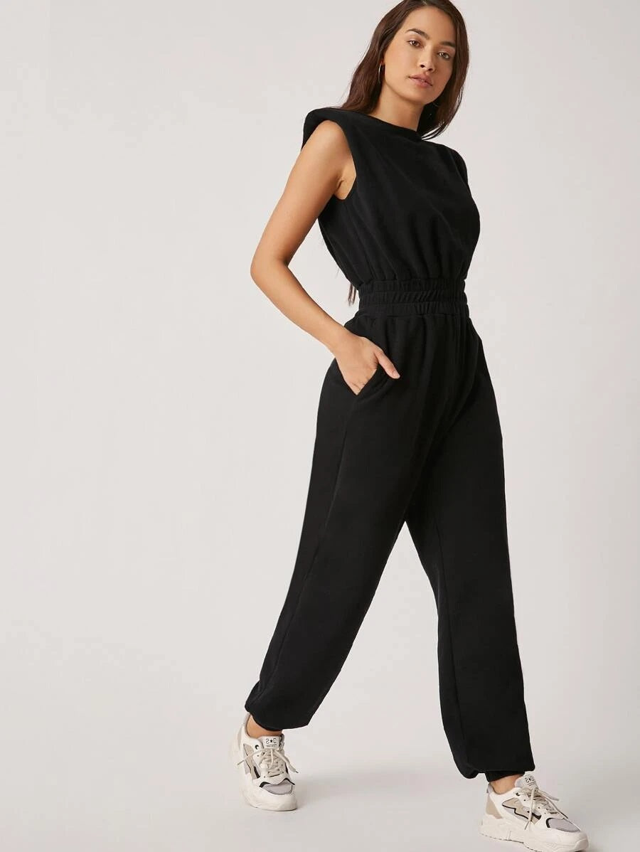 CM-JS914995 Women Casual Seoul Style Padded Shoulder Slant Pocket Jumpsuit - Black