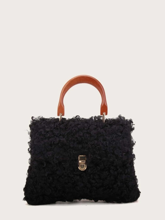 CM-BGS009317 Women Trendy Seoul Style Push Lock Fluffy Satchel Bag - Black