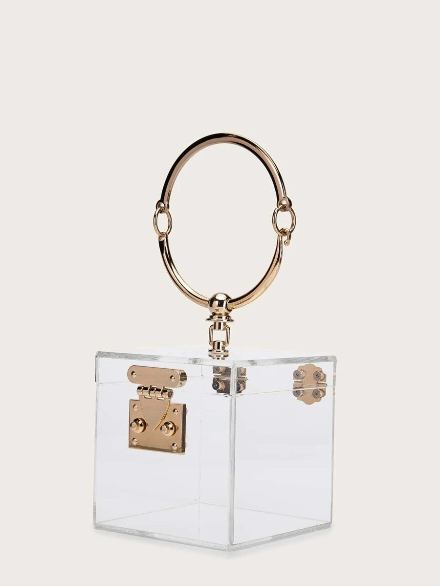 CM-BGS009766 Women Trendy Seoul Style Mini Clear Box Bag With Ring Handle