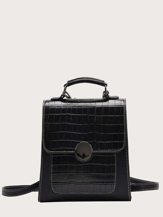 CM-BGS009985 Women Trendy Seoul Style Croc Embossed Stitch Trim Flap Backpack