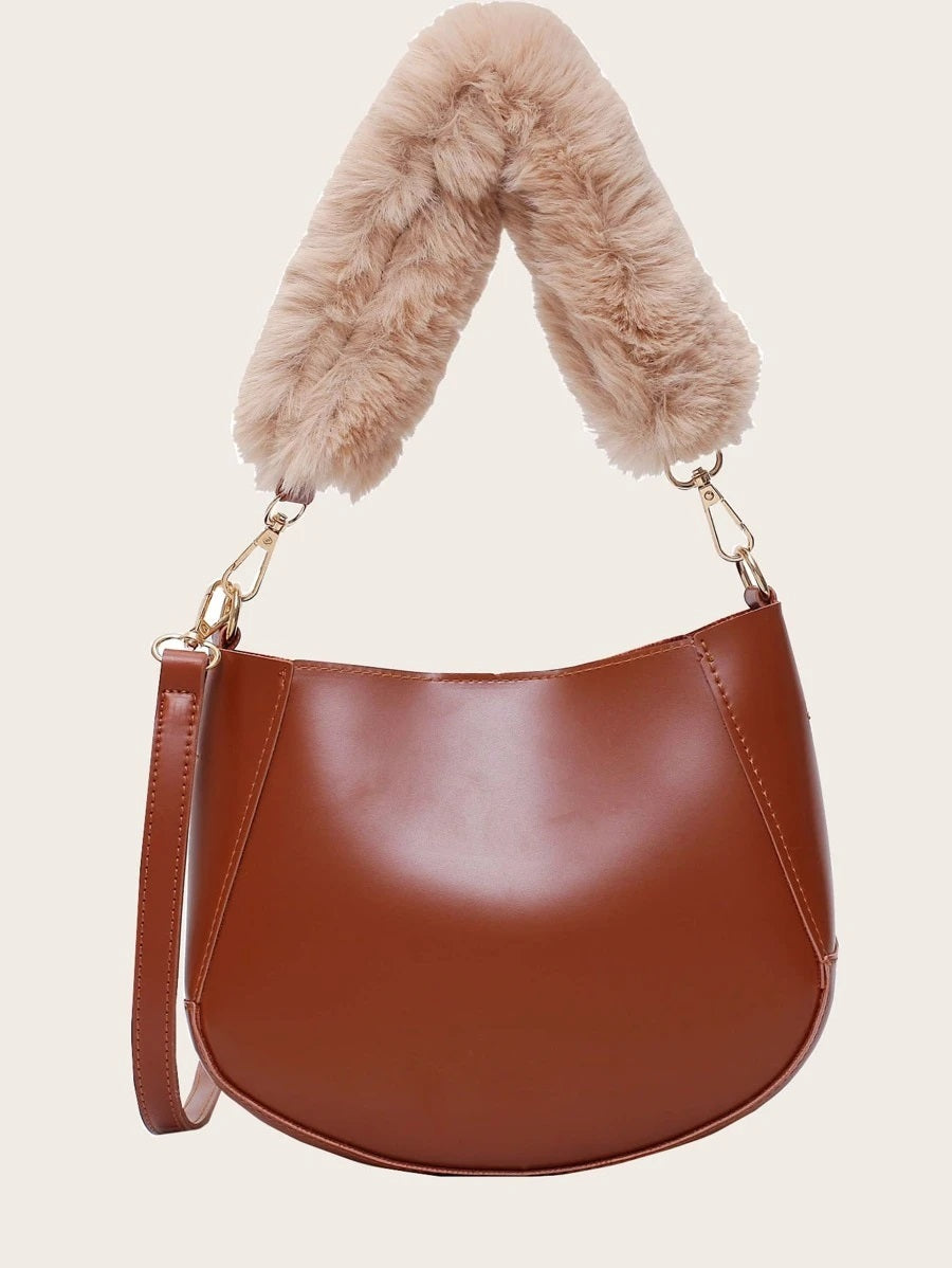 CM-BGS009636 Women Trendy Seoul Style Faux Fur Handle Shoulder Bag With Inner Pouch