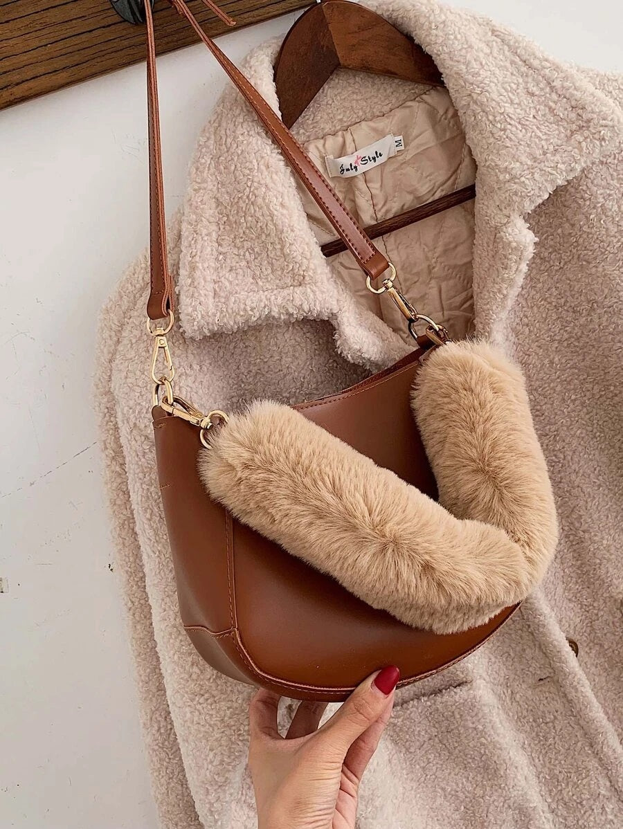 CM-BGS009636 Women Trendy Seoul Style Faux Fur Handle Shoulder Bag With Inner Pouch