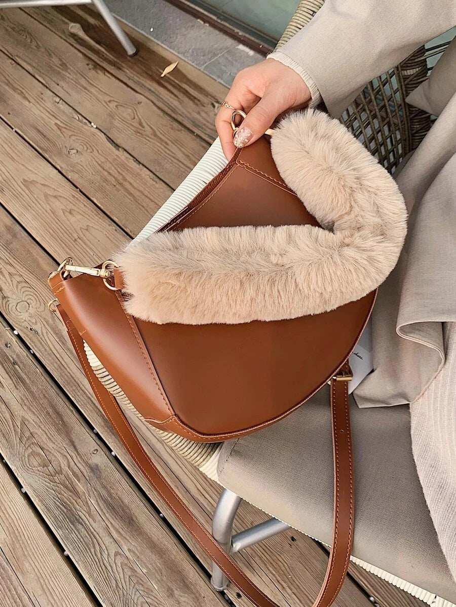 CM-BGS009636 Women Trendy Seoul Style Faux Fur Handle Shoulder Bag With Inner Pouch