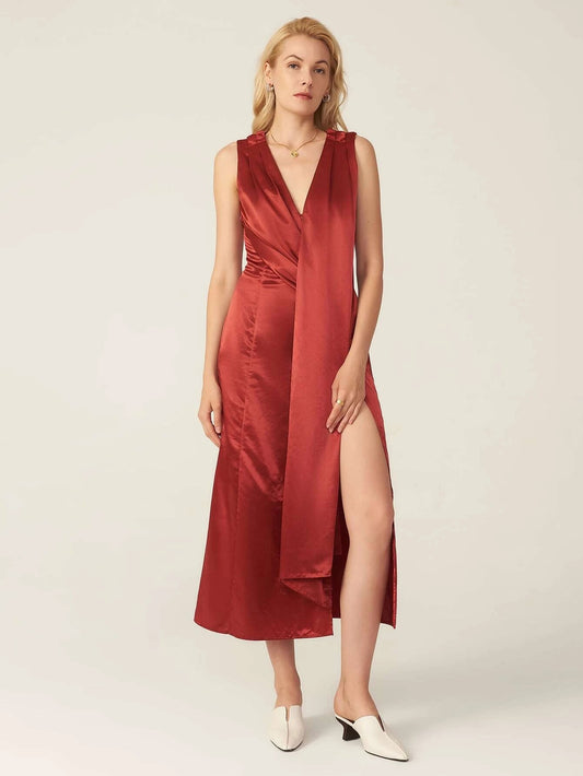 CM-ES707973 Women Elegant European Style V-Neck Pleated Asymmetrical Hem Satin Dress - Wine Red