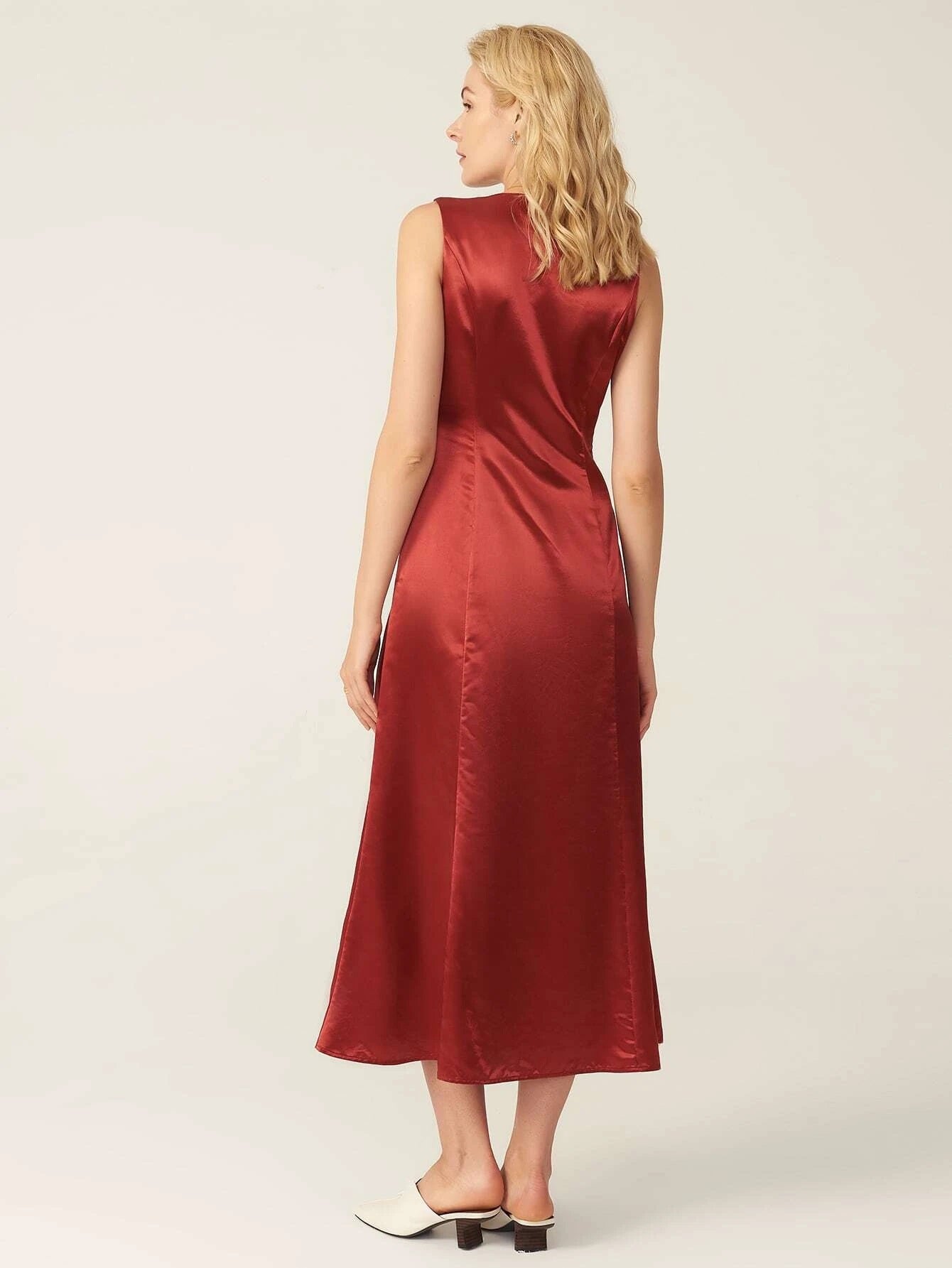 CM-ES707973 Women Elegant European Style V-Neck Pleated Asymmetrical Hem Satin Dress - Wine Red