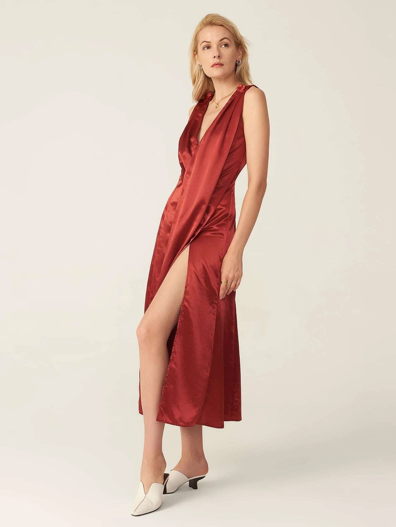 CM-ES707973 Women Elegant European Style V-Neck Pleated Asymmetrical Hem Satin Dress - Wine Red