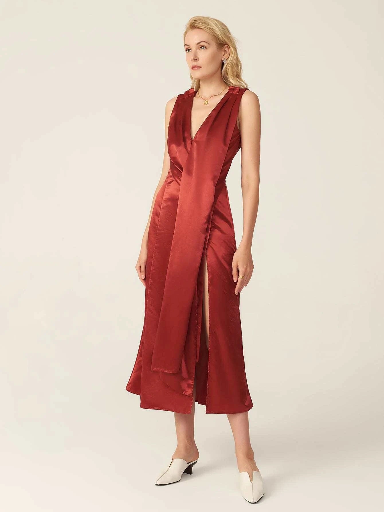 CM-ES707973 Women Elegant European Style V-Neck Pleated Asymmetrical Hem Satin Dress - Wine Red