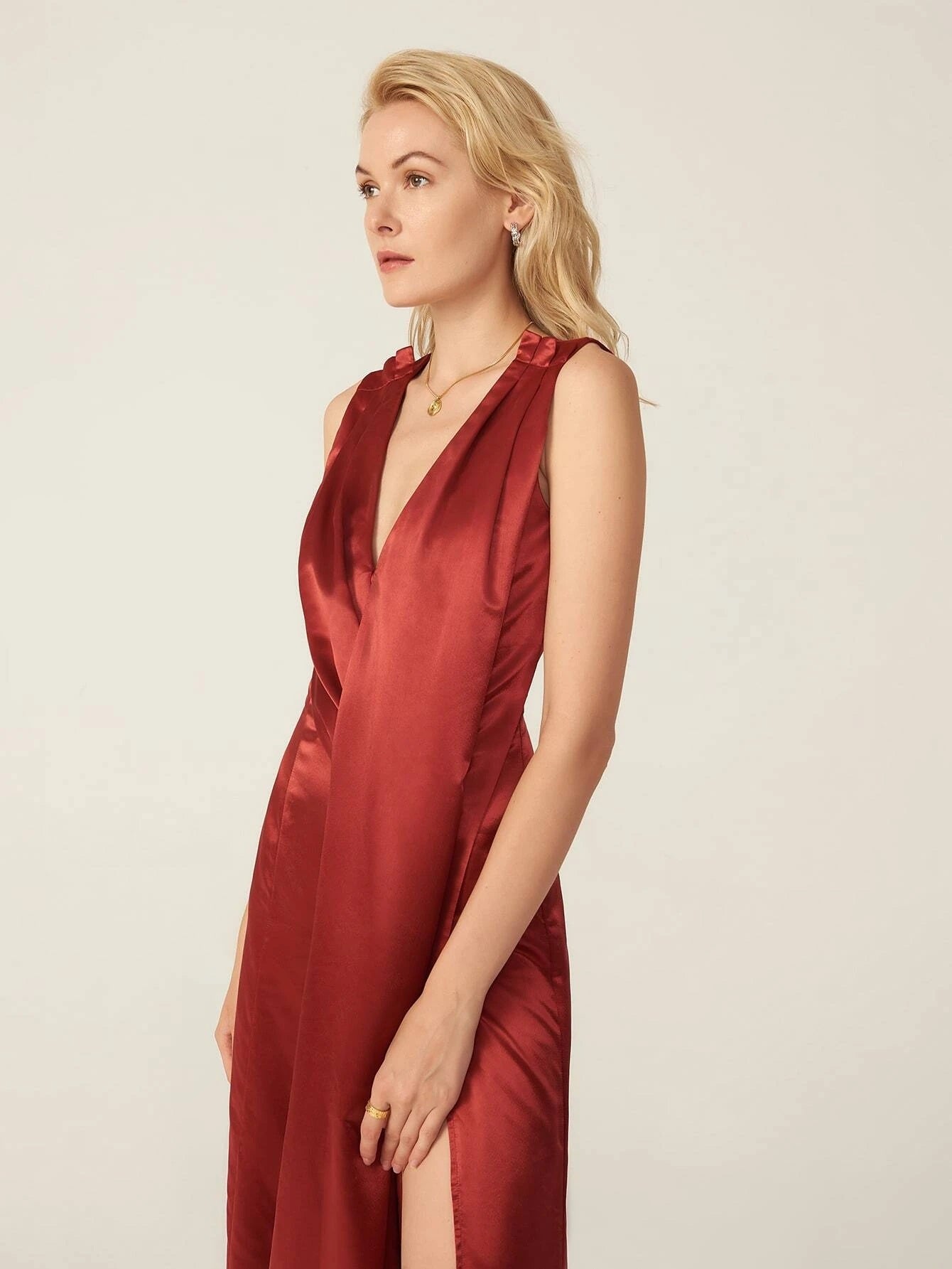 CM-ES707973 Women Elegant European Style V-Neck Pleated Asymmetrical Hem Satin Dress - Wine Red