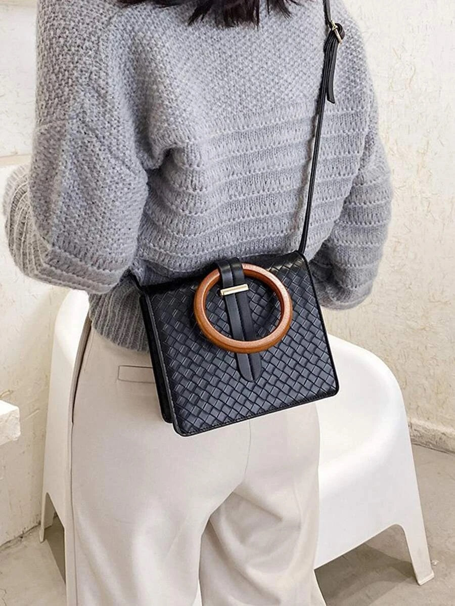 CM-BGS012483 Women Trendy Seoul Style Braided Ring Handle Satchel Bag - Black