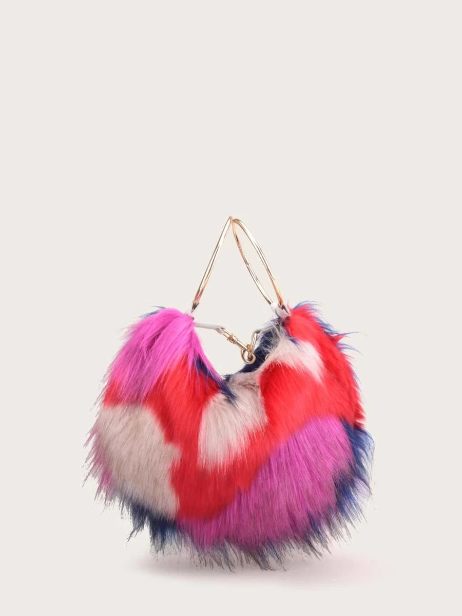 CM-BGS013828 Women Trendy Seoul Style Color Block Faux Fur Satchel Bag