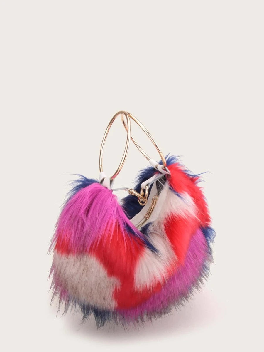 CM-BGS013828 Women Trendy Seoul Style Color Block Faux Fur Satchel Bag