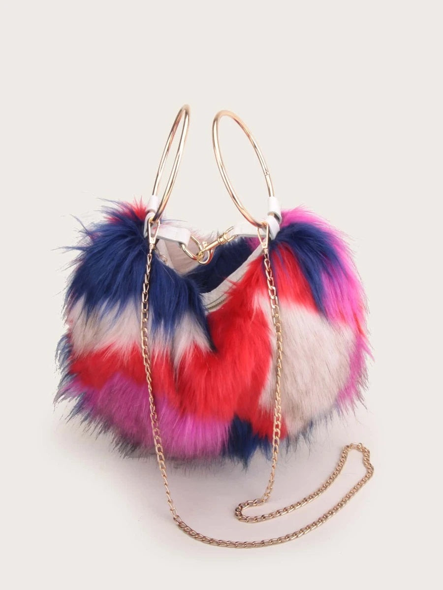 CM-BGS013828 Women Trendy Seoul Style Color Block Faux Fur Satchel Bag