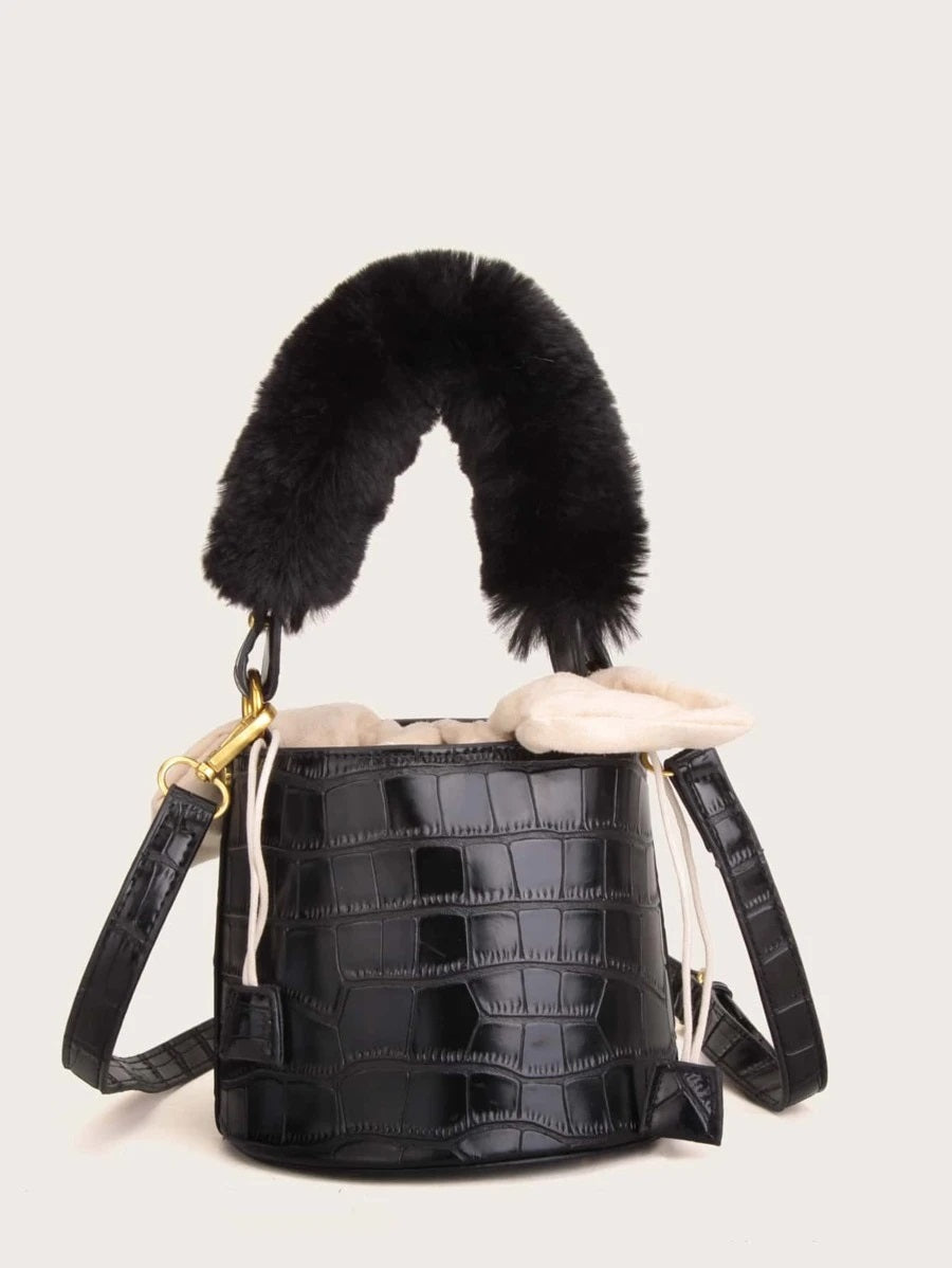 CM-BGS013882 Women Trendy Seoul Style Crocodile Fluffy Handle Bucket Bag