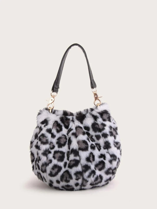 CM-BGS013815 Women Trendy Seoul Style Leopard Fluffy Bucket Bag