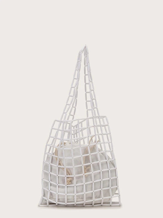 CM-BGS013113 Women Trendy Seoul Style Beaded Tote Bag With Inner Pouch - White