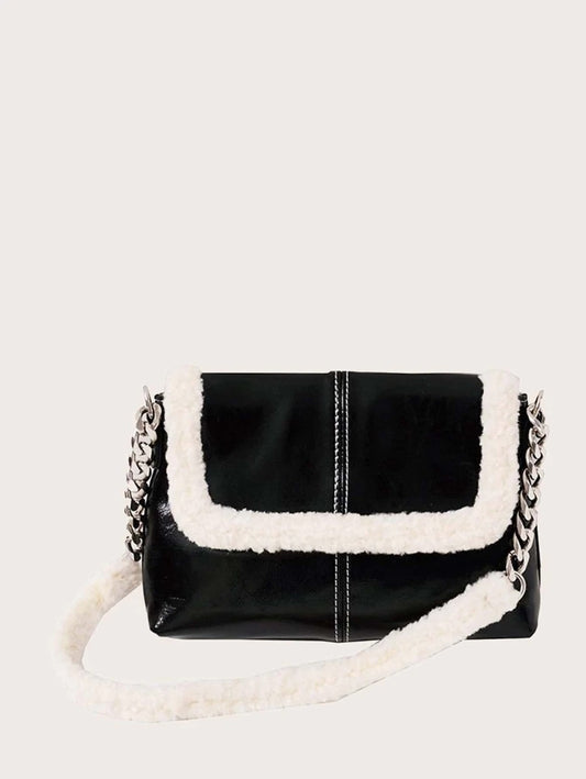 CM-BGS013982 Women Trendy Seoul Style Contrast Faux Fur Shoulder Bag - Black