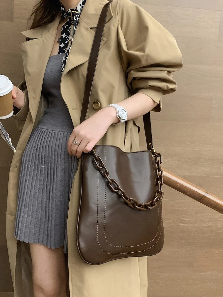 CM-BGS013220 Women Trendy Seoul Style Stitch Detail Chain Shoulder Bag - Brown