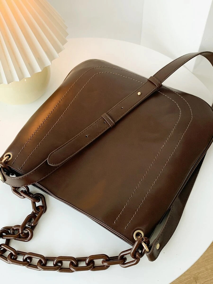 CM-BGS013220 Women Trendy Seoul Style Stitch Detail Chain Shoulder Bag - Brown