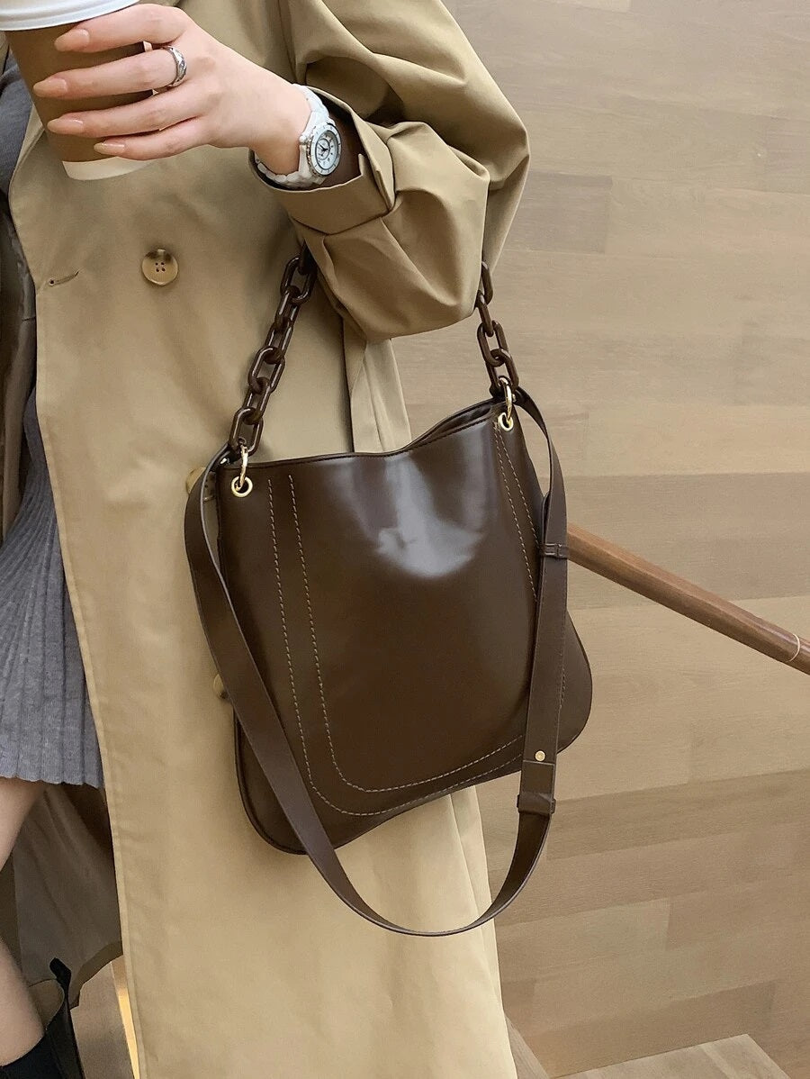 CM-BGS013220 Women Trendy Seoul Style Stitch Detail Chain Shoulder Bag - Brown
