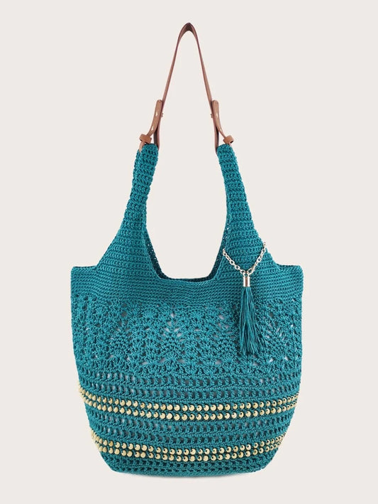 CM-BGS015518 Women Trendy Seoul Style Tassel Charm Crochet Bucket Bag - Teal Blue