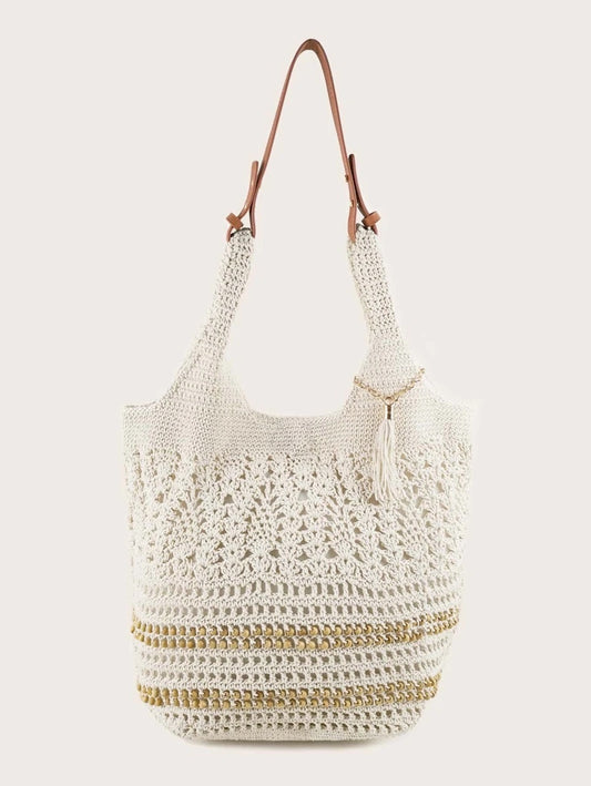 CM-BGS015234 Women Trendy Seoul Style Tassel Charm Crochet Bucket Bag - White