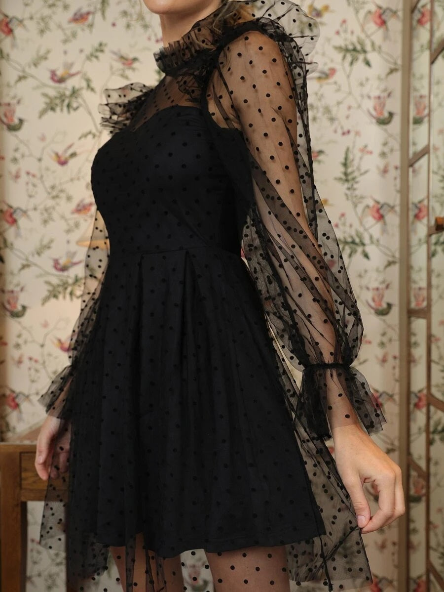 CM-DS911190 Women Elegant Seoul Style Mesh Overlay Flounce Sleeve Ruffle Detail Dress - Black