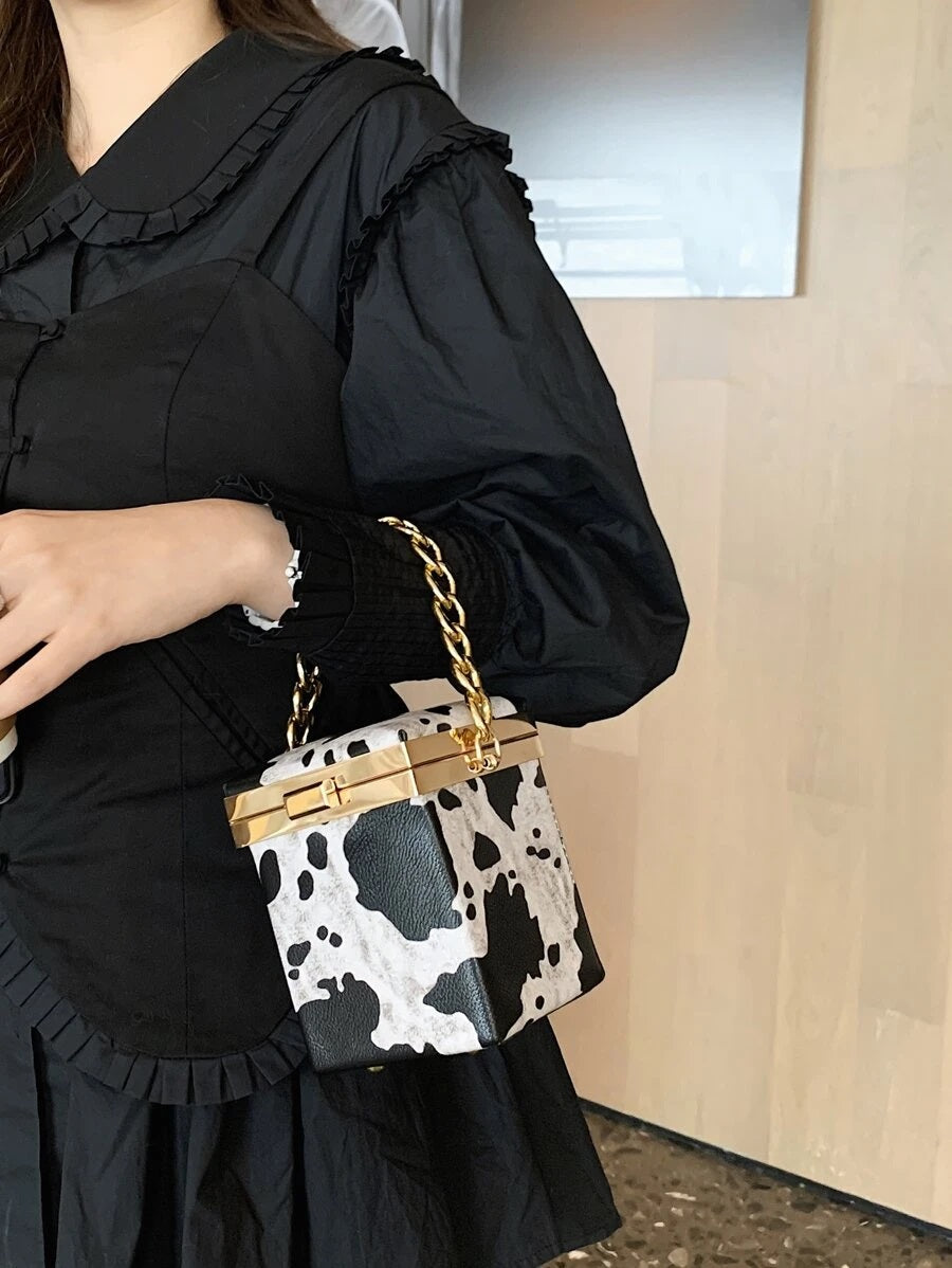 CM-BGS017172 Women Trendy Seoul Style Mini Cow Print Chain Box Bag - Beige