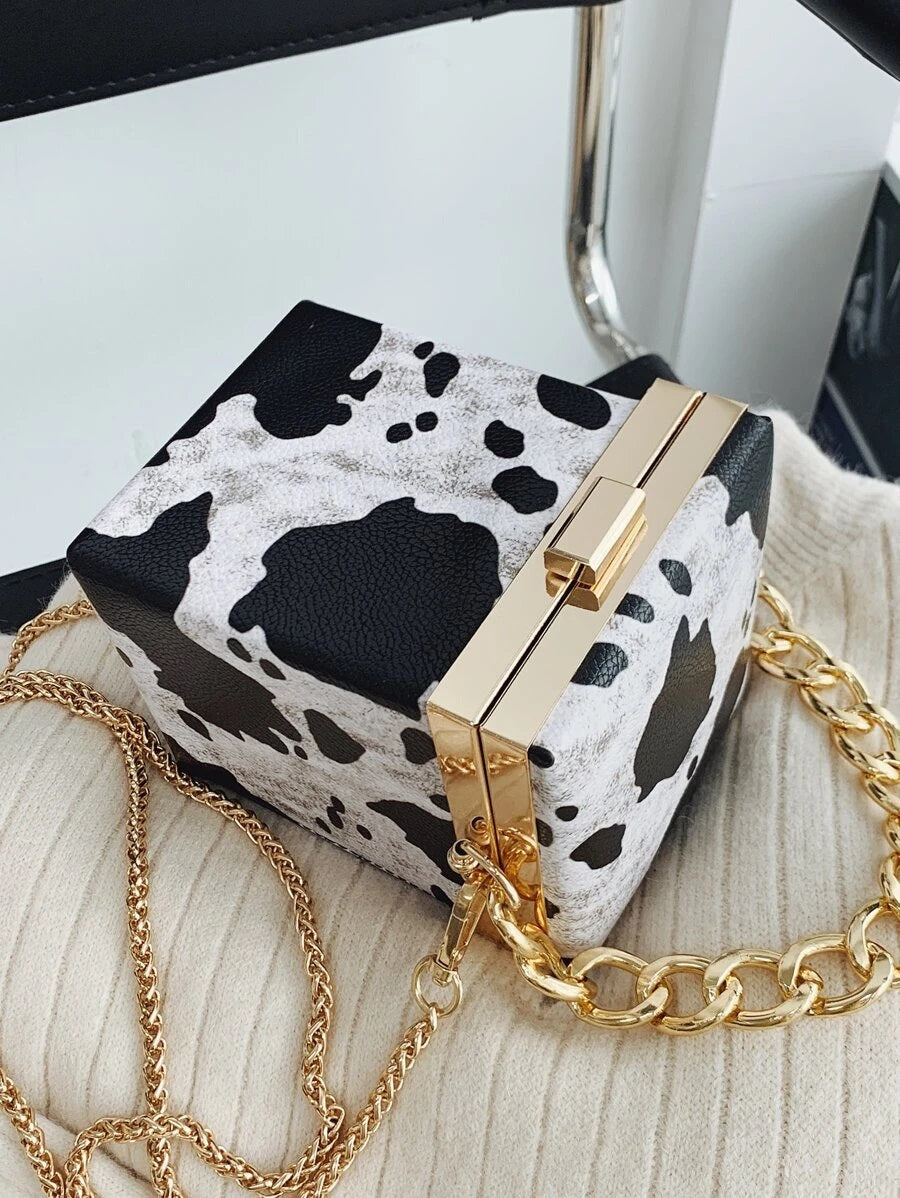 CM-BGS017172 Women Trendy Seoul Style Mini Cow Print Chain Box Bag - Beige