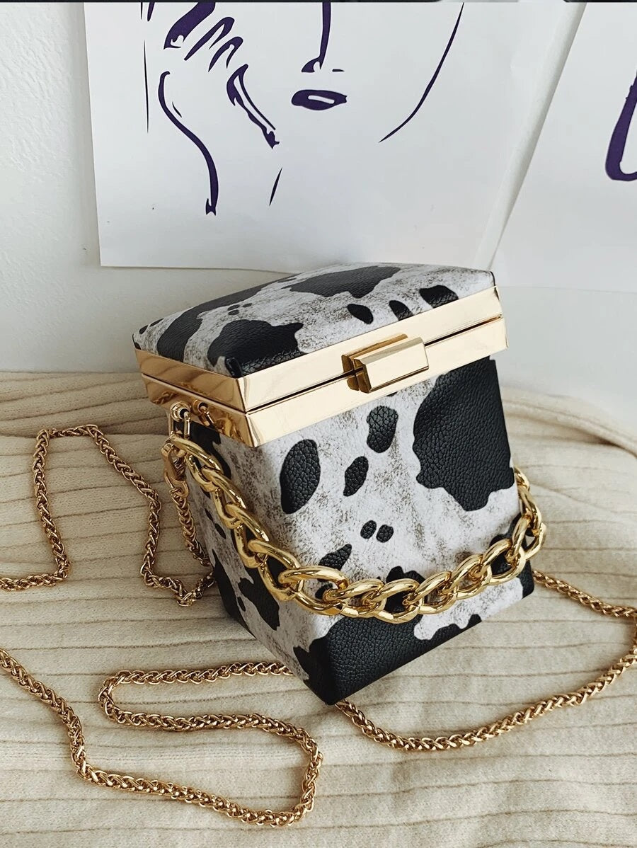 CM-BGS017172 Women Trendy Seoul Style Mini Cow Print Chain Box Bag - Beige