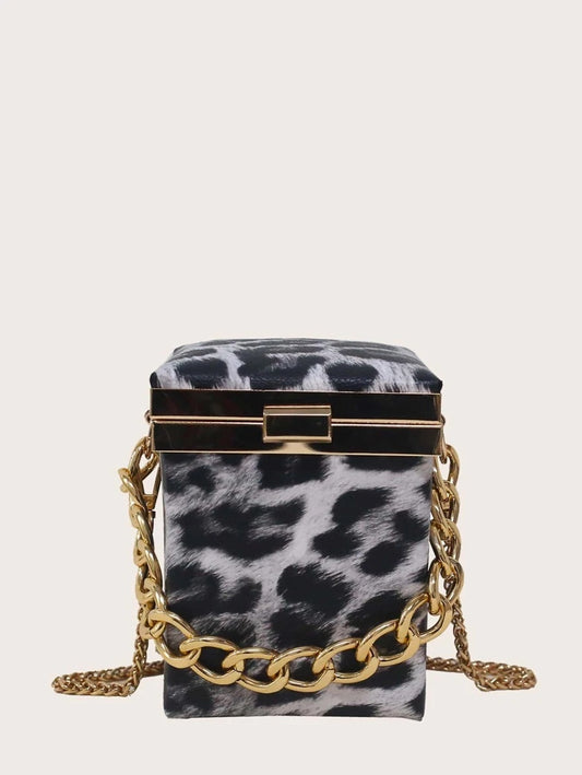 CM-BGS017406 Women Trendy Seoul Style Mini Leopard Print Chain Box Bag - Black